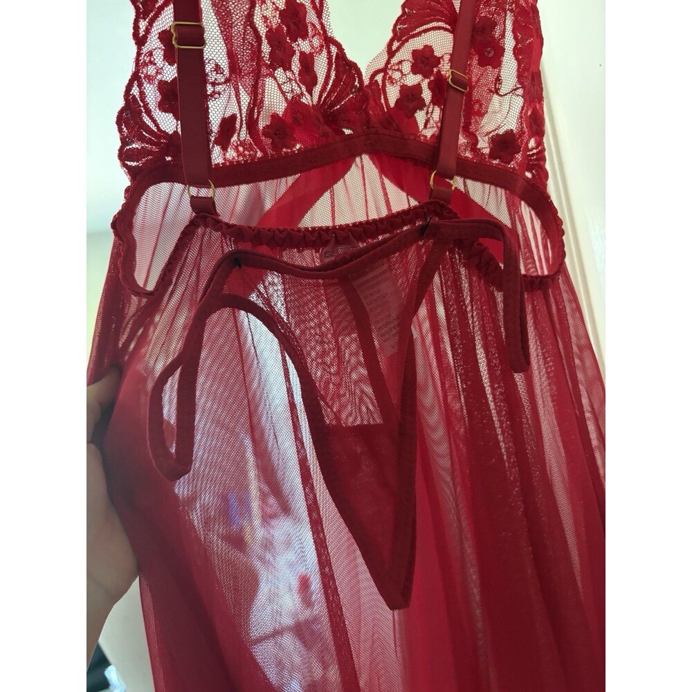 NWT Red Lace Babydoll Lingerie Thong Set Sheer Nightgown Small Spree Intimates - Picture 5 of 6